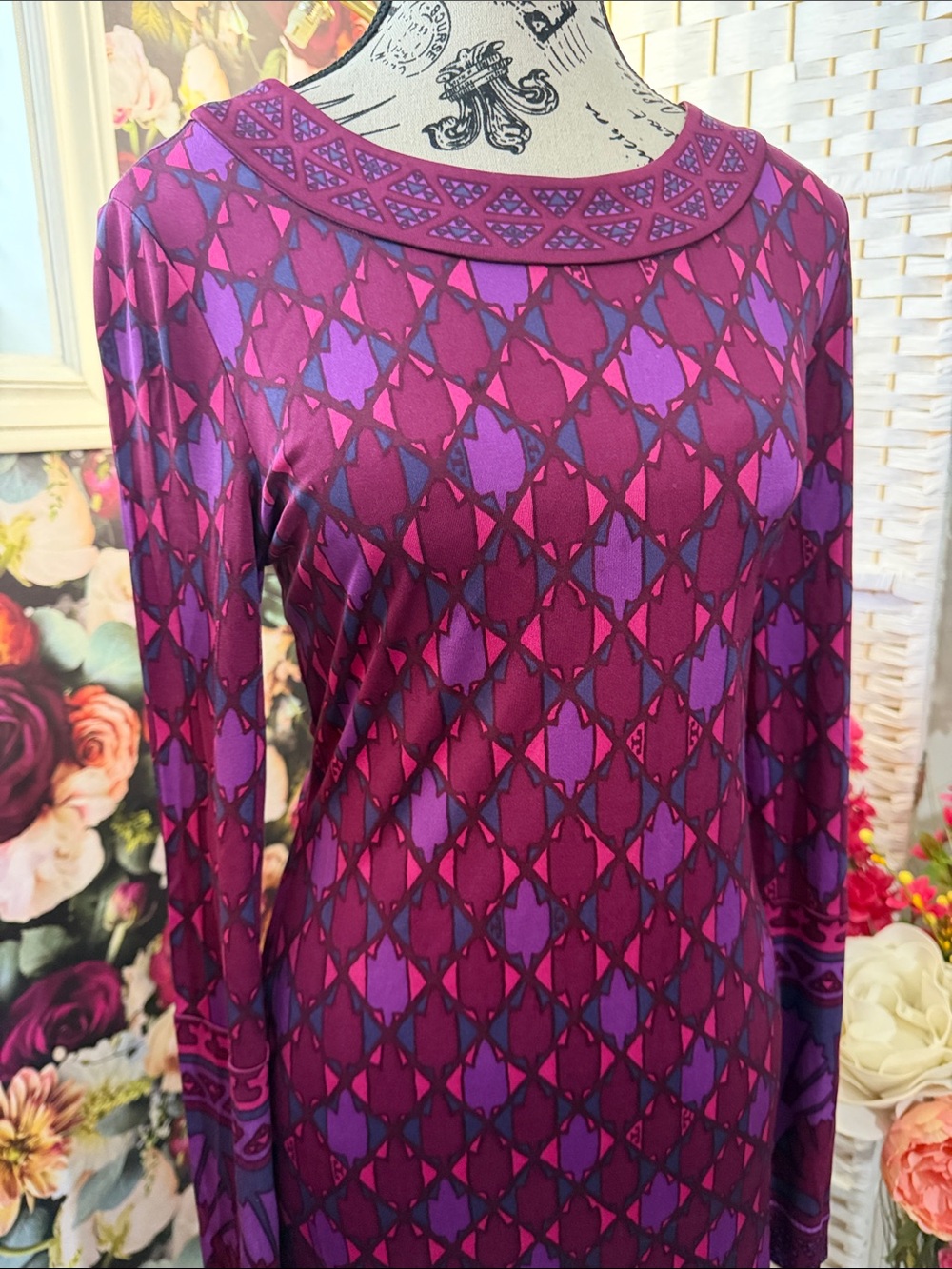 Tory Burch Magenta and Plum Geometric Long-Sleeve Knit Dress,